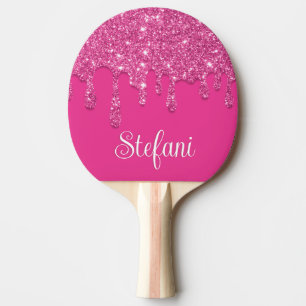 Niedliche Hot-Pink-Tropfen Glitzer Monogramm Tischtennis Schläger