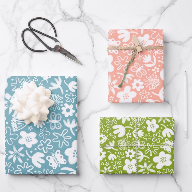 Niedliche hübsche Blume und buzernde Insekten gürm Geschenkpapier Set (Vorderseite)