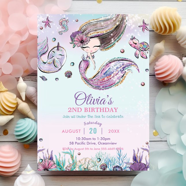 Niedliche Hübsche Meerjungfrau Lila Geburtstag Einladung (whimsical cute brunette mermaid under the sea pool birthday party invitation cards printed download)