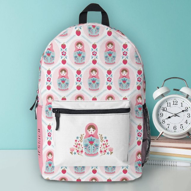 Niedliche Hübsche Pink Girls School Bedruckter Rucksack (A cute pink nesting doll decorates this backpack.Personalize it with your name on the side.)