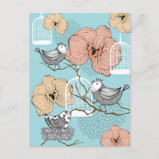 Niedliche Hübsche Vintage Blütenvögel und Vogelkäf Postkarte