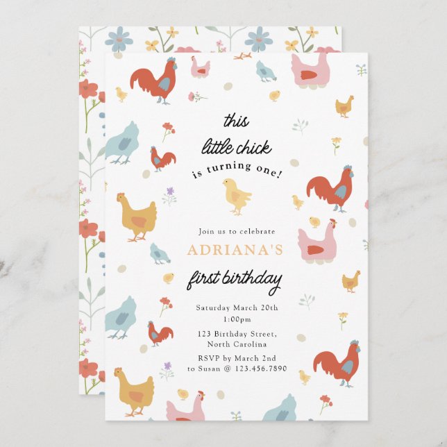Niedliche Hühner und Küchenmädchen Erstgeburt Einladung (Vorne/Hinten)