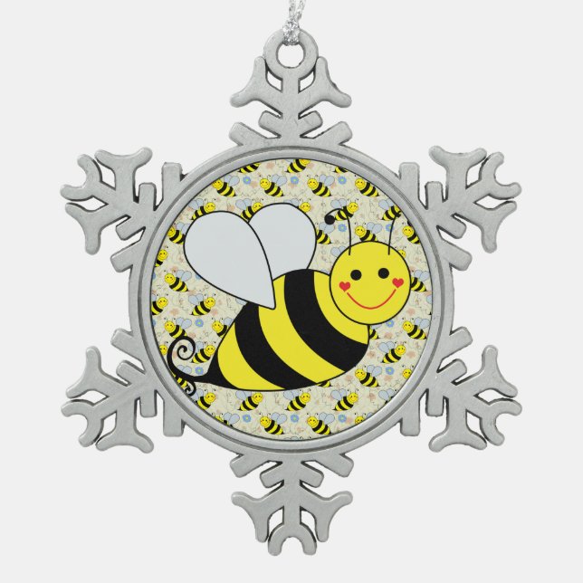 Niedliche Hummel-Biene mit Muster Schneeflocken Zinn-Ornament (Vorderseite)