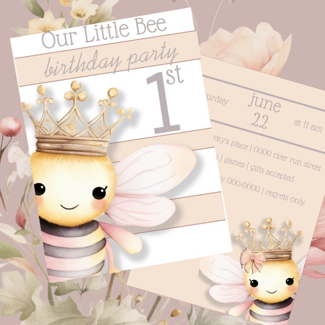 Niedliche Hummel mit Krone | Rosa | Elfenbein Einladung (Cute bumble bee in blush pink, beige and ivory for baby's first birthday customizable invitation)