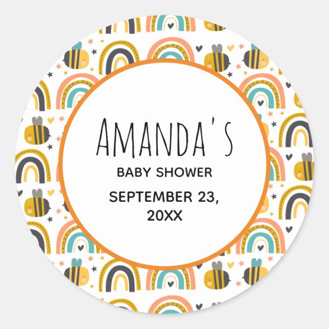 Niedliche Hummel und Regenbogen Muster Babydusche Runder Aufkleber (Vorderseite)