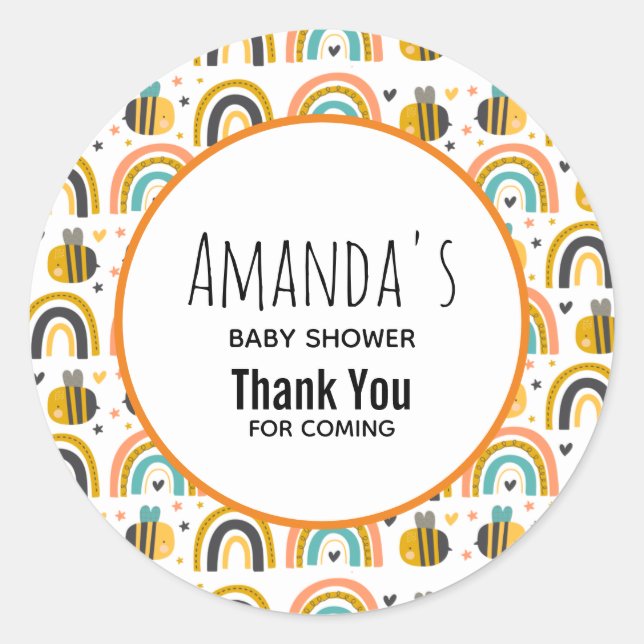 Niedliche Hummel und Regenbogen Muster Babydusche Runder Aufkleber (Vorderseite)