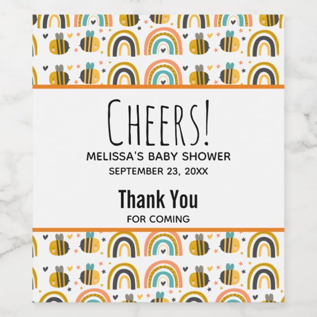 Niedliche Hummel und Regenbogen Muster Babydusche Weinetikett (Einzelnes Label)