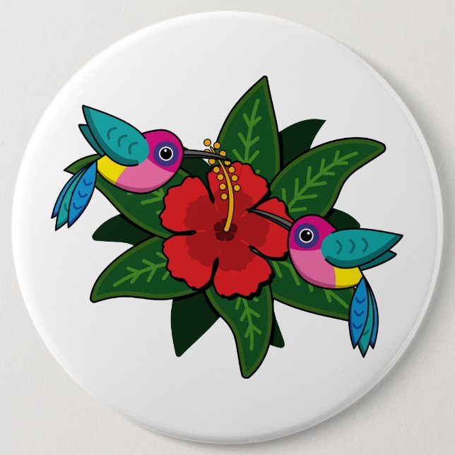 Niedliche Hummingvögel auf Hibiskus Blume Cartoon  Button (Vorderseite)