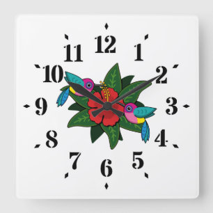 Niedliche Hummingvögel auf Hibiskus Blume Cartoon Quadratische Wanduhr
