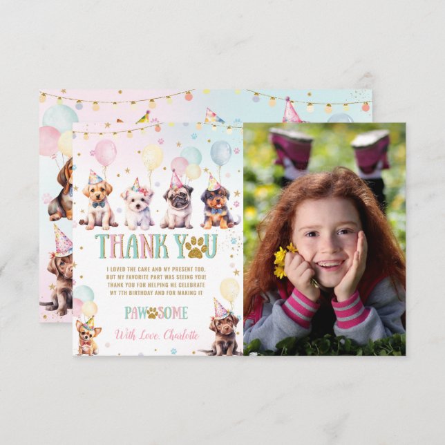 Niedliche Hunde Ballons Geburtstagsfoto Dankeskarte (Vorne/Hinten)