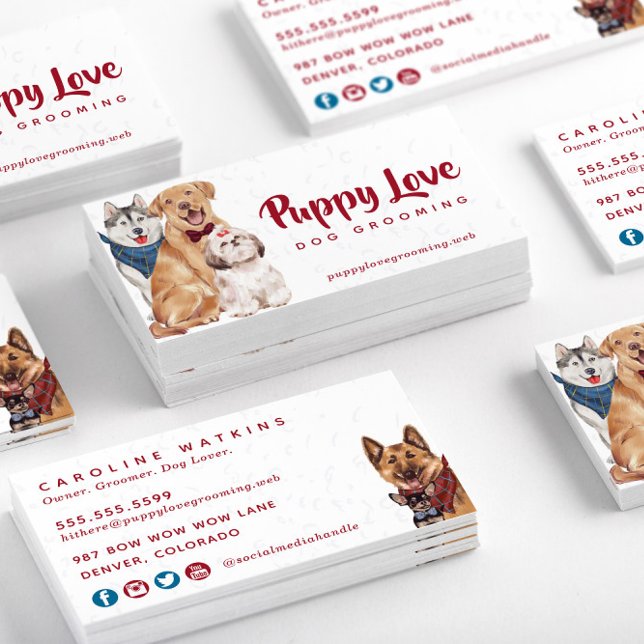 Niedliche Hunde Groomer Walker Sitter Visitenkarte (Stacked Watercolor Dogs Dog Groomer Sitter Walker Business Card—Front & Back)