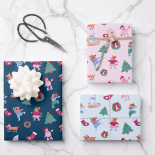 Niedliche Hunde Ice Skaten Blue Pink Weihnachten Geschenkpapier Set