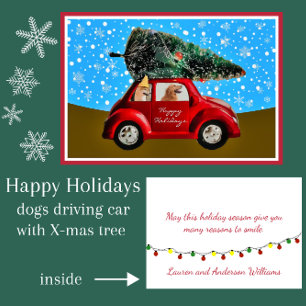 Niedliche Hunde im Auto mit Retro Weihnachtsbaum Feiertagskarte