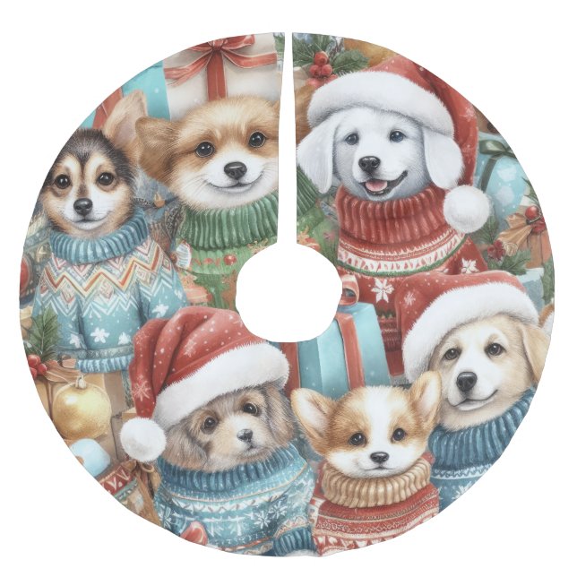 Niedliche Hunde in Süßmitteln Polyester Weihnachtsbaumdecke (Vorderseite)