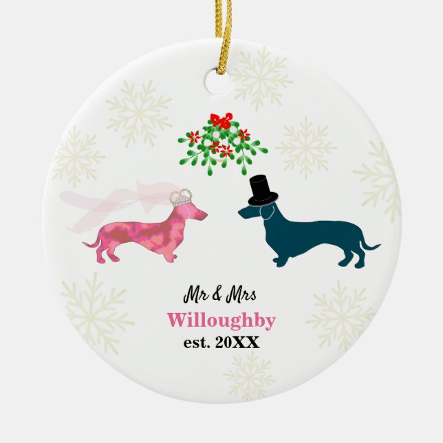 Niedliche Hunde Mistletoe Newlyweds Weihnachten ha Keramik Ornament (Vorne)