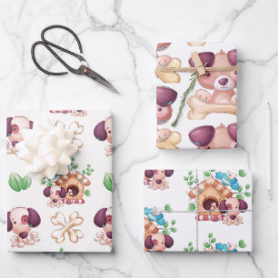 Niedliche Hunde mit Knochen Geschenkpapier Set