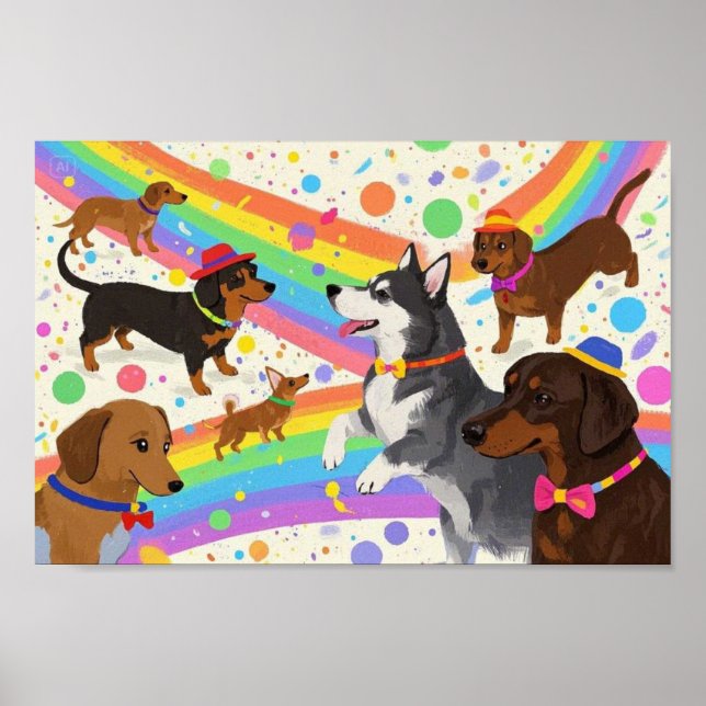 Niedliche Hunde mit Regenbogen Poster (Vorne)