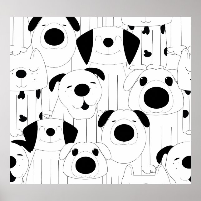 Niedliche Hunde: schwarzer, weißer Cartoon. Poster (Vorne)