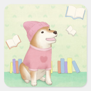 Niedliche Hunde und Bücher Illustration Art Quadratischer Aufkleber