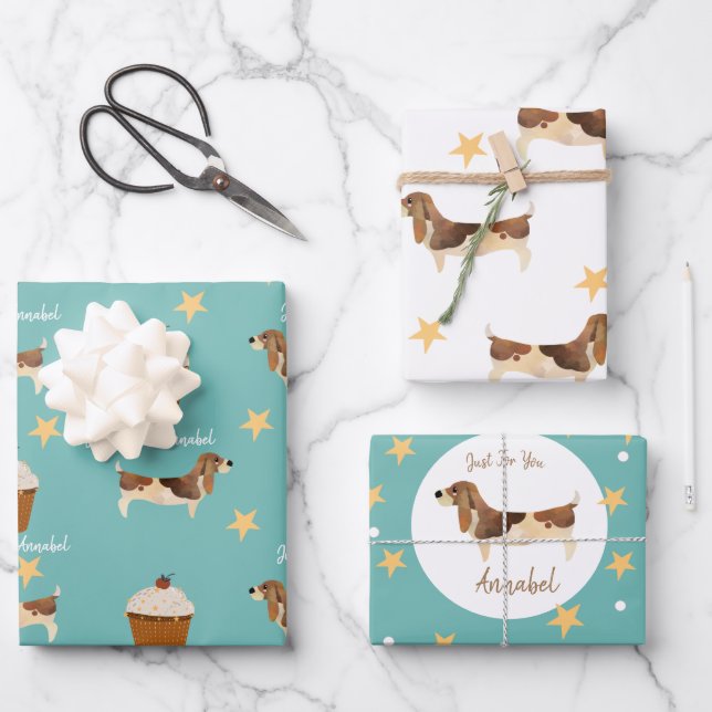 Niedliche Hundefreunde Basset Hund Personalisiert Geschenkpapier Set (Vorderseite)