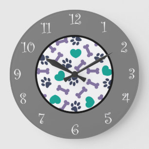 Niedliche Hundepfähle und Knochen-Thema Wand-Deck Große Wanduhr