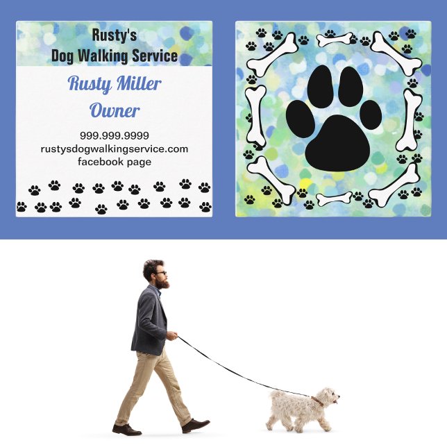Niedliche Hundeschlitten und Knochen Haustierservi Quadratische Visitenkarte (Dog Walking Service Pet Care Business Card. Cute and friendly dog bones and dog paw design. )