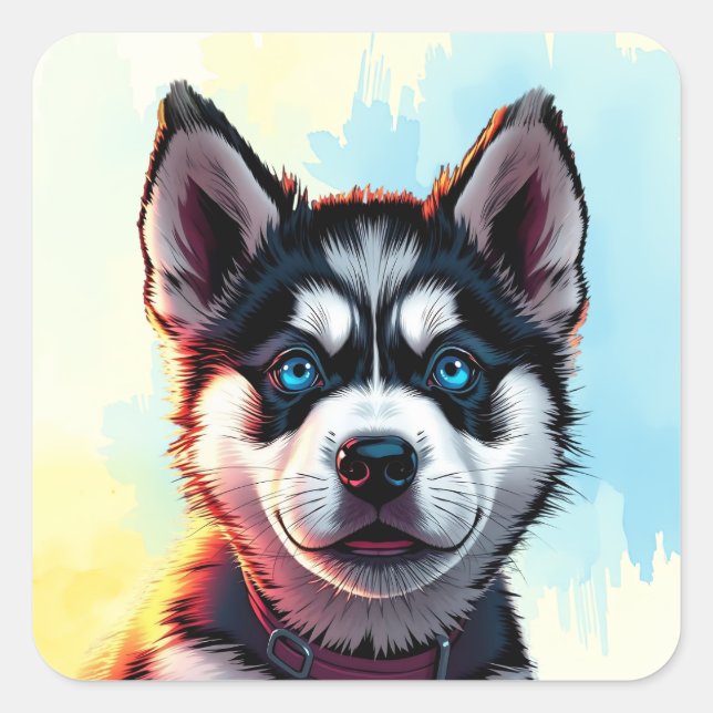 Niedliche Husky Puppy Dog Illustration Quadratischer Aufkleber (Vorderseite)