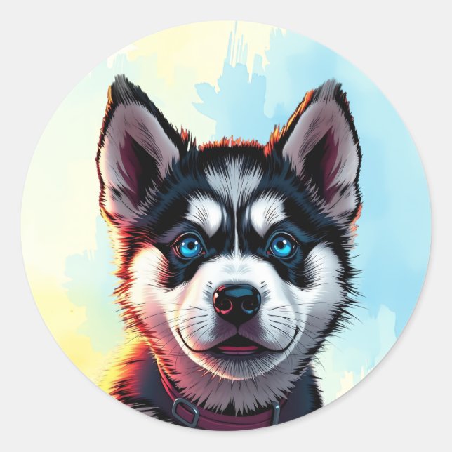 Niedliche Husky Puppy Dog Illustration Runder Aufkleber (Vorderseite)