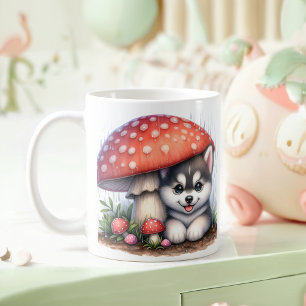 Niedliche Husky-Welpe unter einem Pilzschirm Kaffeetasse