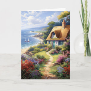 Niedliche Hütte an den Blume am Meer gefaltet Karte