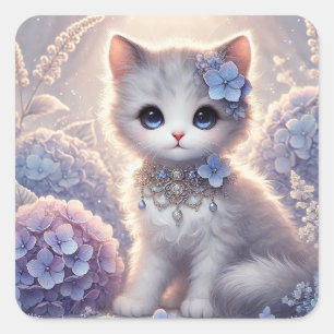 Niedliche Hydrangea Princess Cat Quadratischer Aufkleber