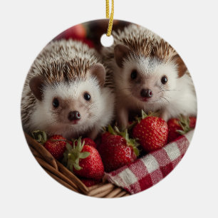 Niedliche Igel, die aus einem Erdbeerkorb herauspi Keramik Ornament