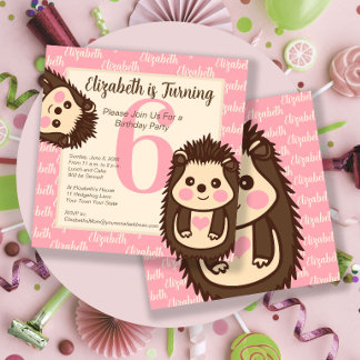 Niedliche Igel Girl's Pink Geburtstagseinladung Einladung