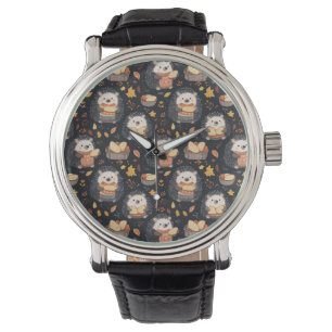 Niedliche Igel mit Brot und Herbstblättern Armbanduhr