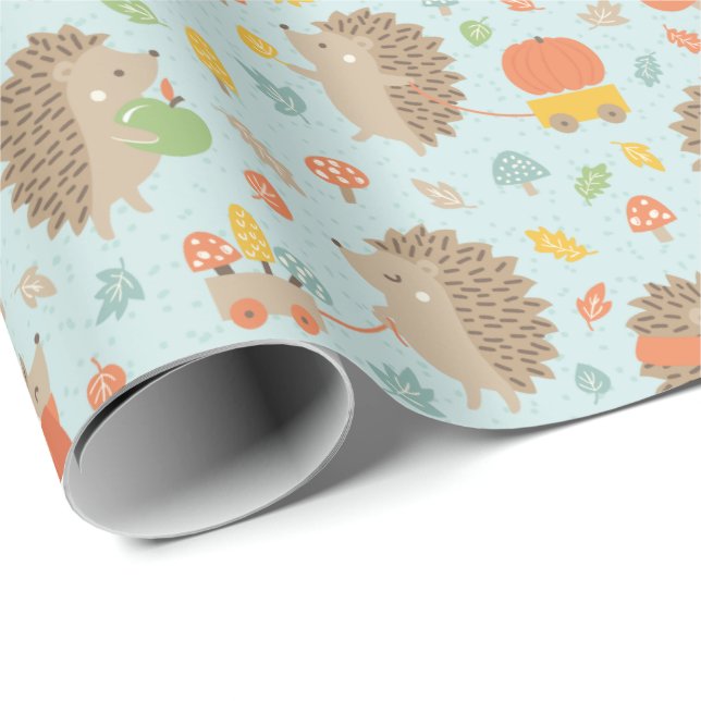 Niedliche Igel mit kleinen Blätter blau Geschenkpapier (Rolleneckpunkt)