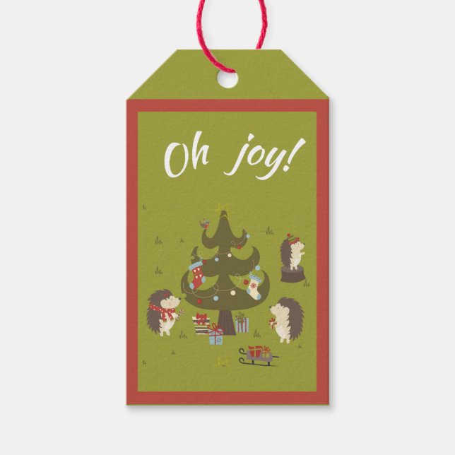 Niedliche Igel mit Weihnachtsbaum und Schlittenkid Geschenkanhänger (Vorderseite)