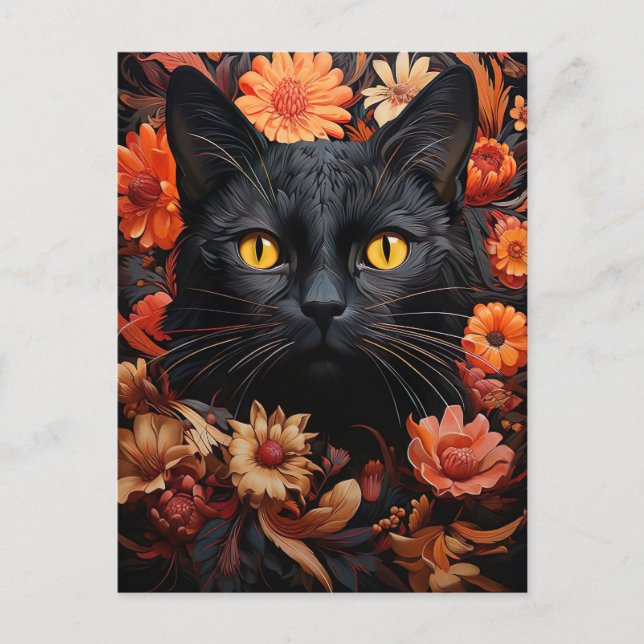 niedliche Illustration schwarze Katze mit Blumen Postkarte (Vorderseite)