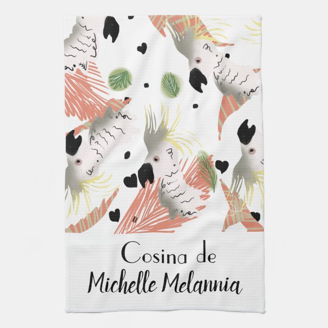 Niedliche Illustration von Cockatoo Hearts Greener Geschirrtuch (Vertikal)