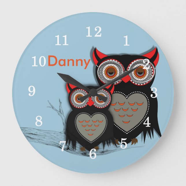 Niedliche Illustration von Whimsy Owls Große Wanduhr (Vorderseite)