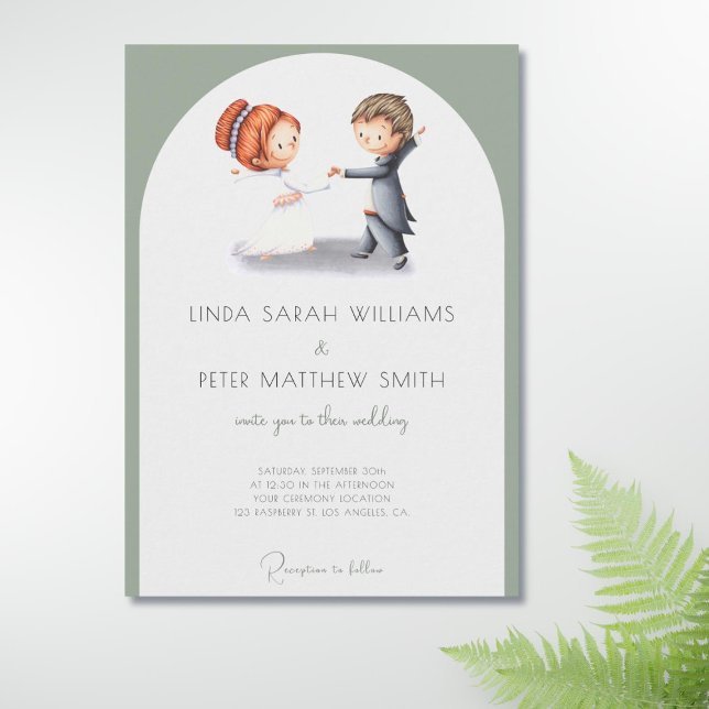 Niedliche Illustriert Sage Green Arch Wedding Einladung (Cute sage green wedding invitation with a bride and groom illustration)