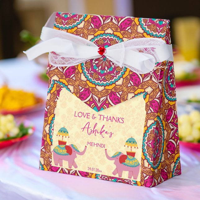 Niedliche indische Hochzeitelefanten pink in Mehnd Geschenkschachtel (Mehndi cute Indian wedding elephants pink Favor Box)