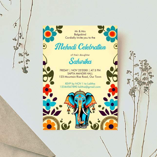 Niedliche indische Hochzeitelefantenvorlage Einladung (Cute Indian wedding cute elephant Mehndi editable template invitation digital download groovy retro)