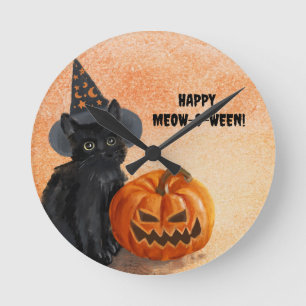 Niedliche, individuell anpassbare Halloween Cat Wa Runde Wanduhr