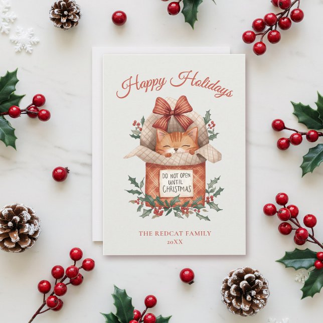 Niedliche Ingwerkatze öffnet nicht bis Weihnachten (This charming ginger cat design adds a special, memorable touch to your holiday greetings. )