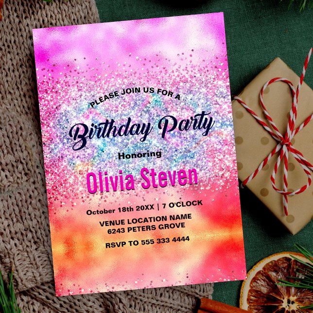 Niedliche Iridescent unicorn ombre Glitzer Monogra Einladung (Von Creator hochgeladen)