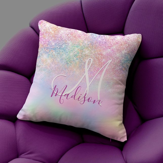 Niedliche Iridescent unicorn ombre Glitzer Monogra Kissen (Von Creator hochgeladen)