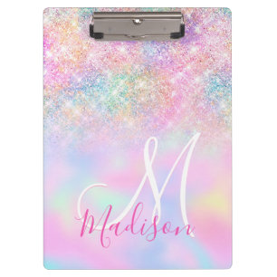 Niedliche Iridescent unicorn ombre Glitzer Monogra Klemmbrett