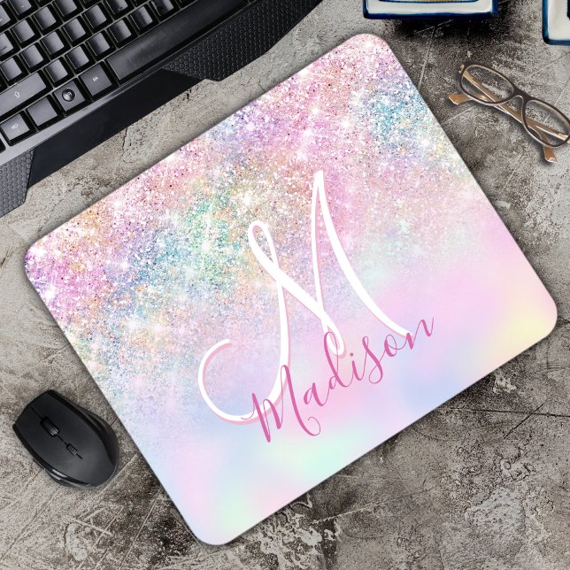 Niedliche Iridescent unicorn ombre Glitzer Monogra Mousepad (Von Creator hochgeladen)
