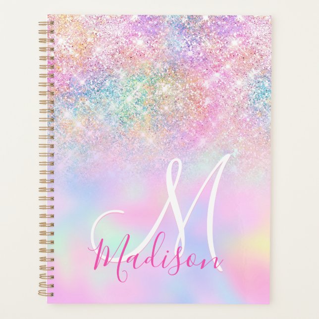 Niedliche Iridescent unicorn ombre Glitzer Monogra Planer (Vorderseite)