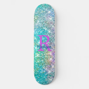 Niedliche irisierende, unicorblau Imitate Glitzer Skateboard